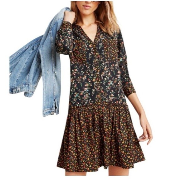 Anthropologie Maeve Marlie Button Up Tunic Dress Black Mixed Floral Print Sz 12 - Picture 1 of 12